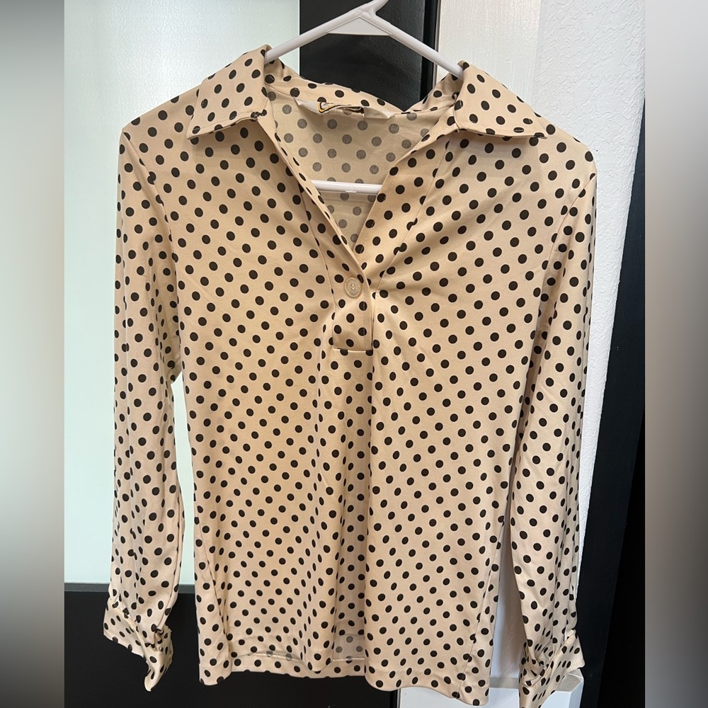 Vintage Andrew St. John Beige With Black  Polka Dot Blouse ,Size Small